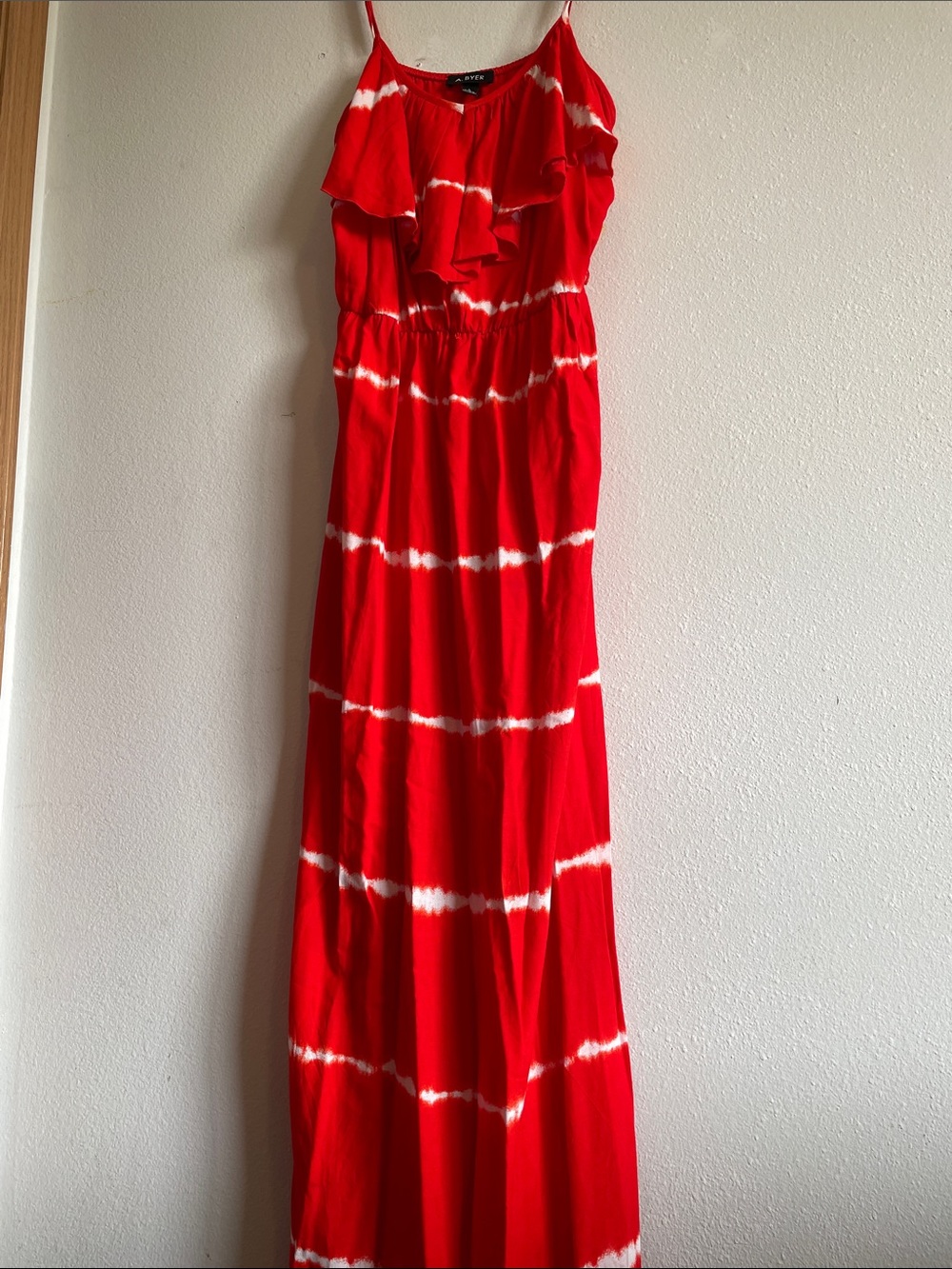 A. Byer- Maxi Dress with Ruffle Bright Orange and White Tie-Dye